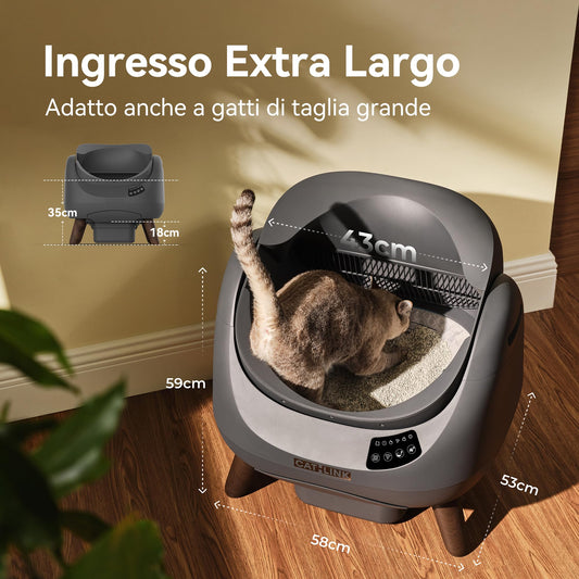 CATLINK Lettiera Autopulente per Gatti, Design Aperto con Ingresso dall'Alto, Wi-Fi 5 GHz, Capienza XL 12L, Compatibile con Tutti i Tipi di Sabbia, Ideale per Famiglie con Più Gatti(Grigio antracite)