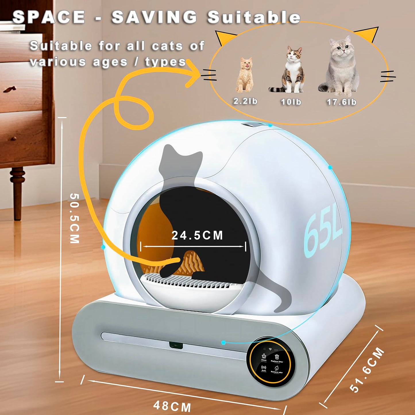 XQDKoon Lettiera Gatto Autopulente 65L + 9 L, Lettiera Automatica per Gatti con Monitoraggio Sanitario APP, Deodorante Ionico Lettiere Autopulenti Gatti 5 Sacchi Spazzatura e Tappetini Gatto