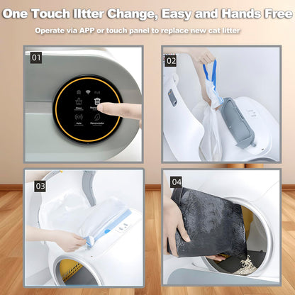 XQDKoon Lettiera Gatto Autopulente 65L + 9 L, Lettiera Automatica per Gatti con Monitoraggio Sanitario APP, Deodorante Ionico Lettiere Autopulenti Gatti 5 Sacchi Spazzatura e Tappetini Gatto