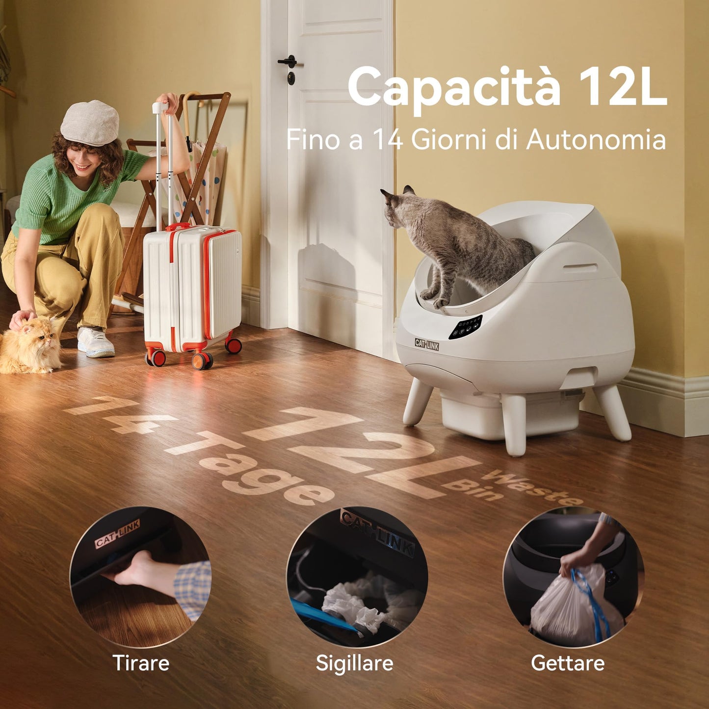 CATLINK Lettiera Autopulente per Gatti, Design Aperto con Ingresso dall'Alto, Wi-Fi 5 GHz, Capienza XL 12L, Compatibile con Tutti i Tipi di Sabbia, Ideale per Famiglie con Più Gatti(Grigio antracite)
