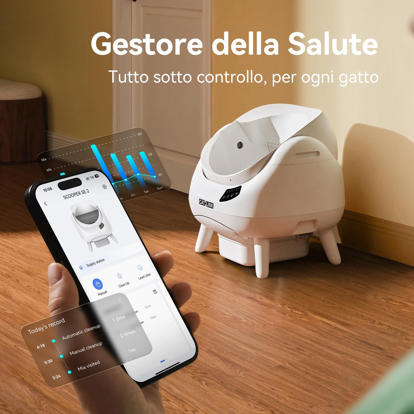 CATLINK Lettiera Autopulente per Gatti, Design Aperto con Ingresso dall'Alto, Wi-Fi 5 GHz, Capienza XL 12L, Compatibile con Tutti i Tipi di Sabbia, Ideale per Famiglie con Più Gatti(Grigio antracite)