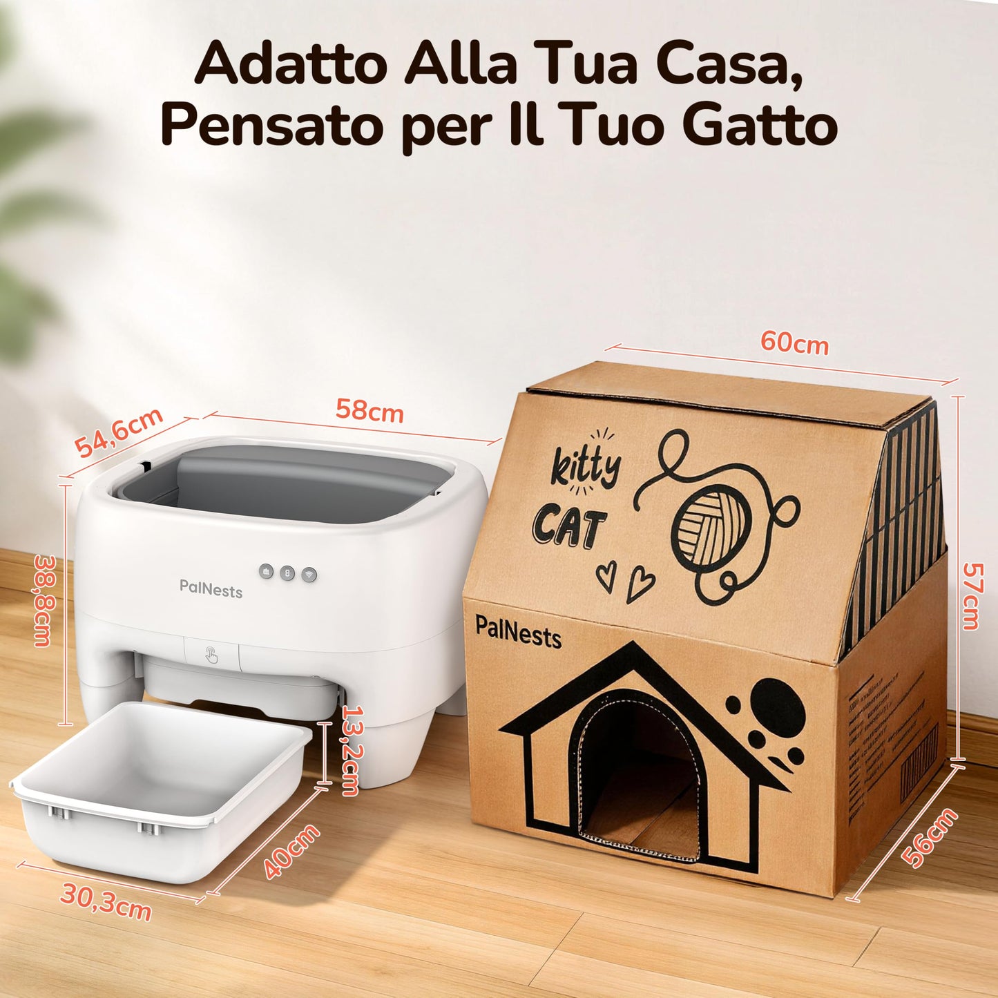 PalNests Lettiera Gatto Autopulente Con APP, XXL Lettiera Automatica per Gatti Sicurezza Anti-Pizzicamento, Design Aperto con Ingresso dall'Alto per Gatti Grandi e Multipli, Deodorizzazione, Bianco
