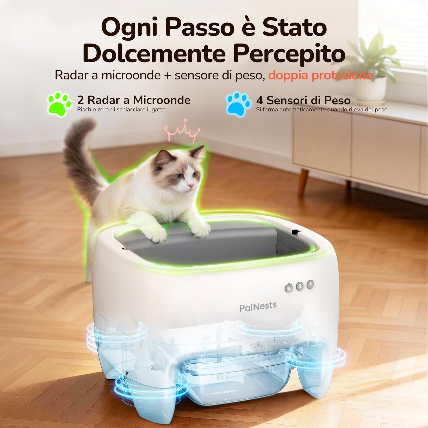 PalNests Lettiera Gatto Autopulente Con APP, XXL Lettiera Automatica per Gatti Sicurezza Anti-Pizzicamento, Design Aperto con Ingresso dall'Alto per Gatti Grandi e Multipli, Deodorizzazione, Bianco