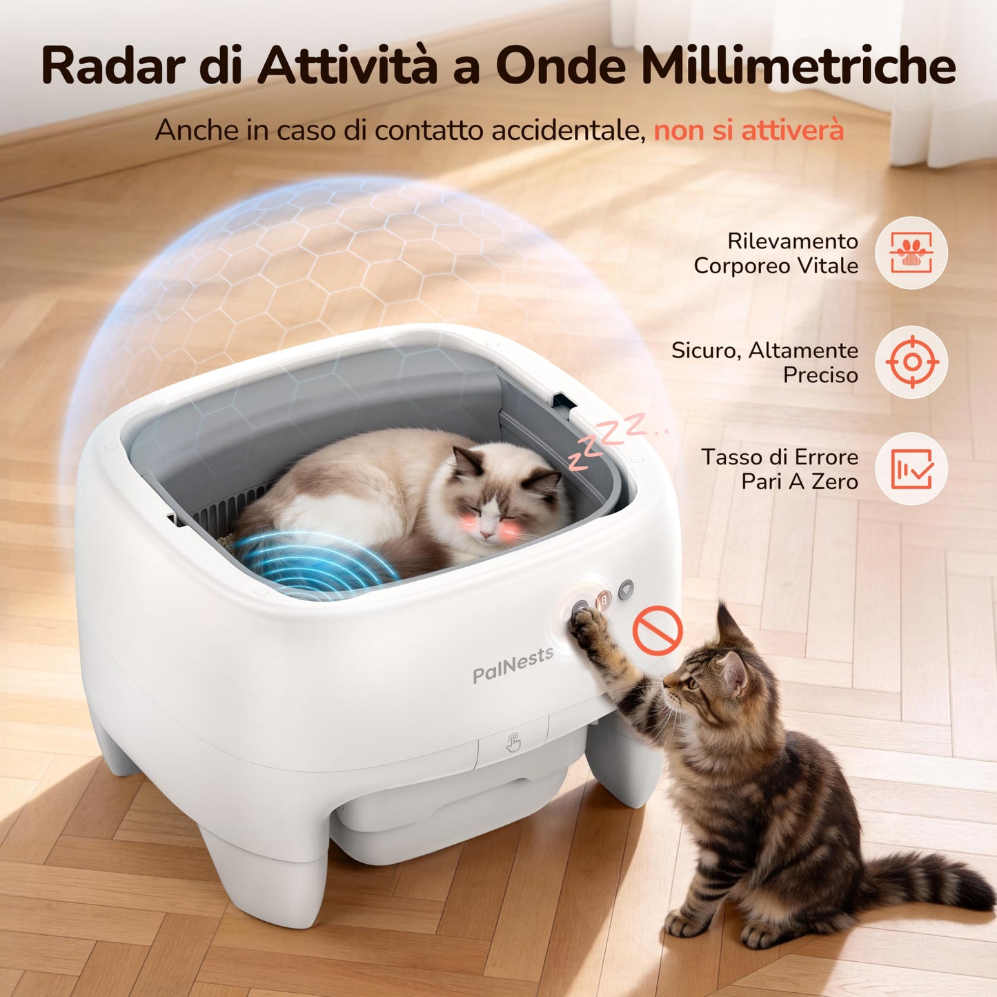 PalNests Lettiera Gatto Autopulente Con APP, XXL Lettiera Automatica per Gatti Sicurezza Anti-Pizzicamento, Design Aperto con Ingresso dall'Alto per Gatti Grandi e Multipli, Deodorizzazione, Bianco